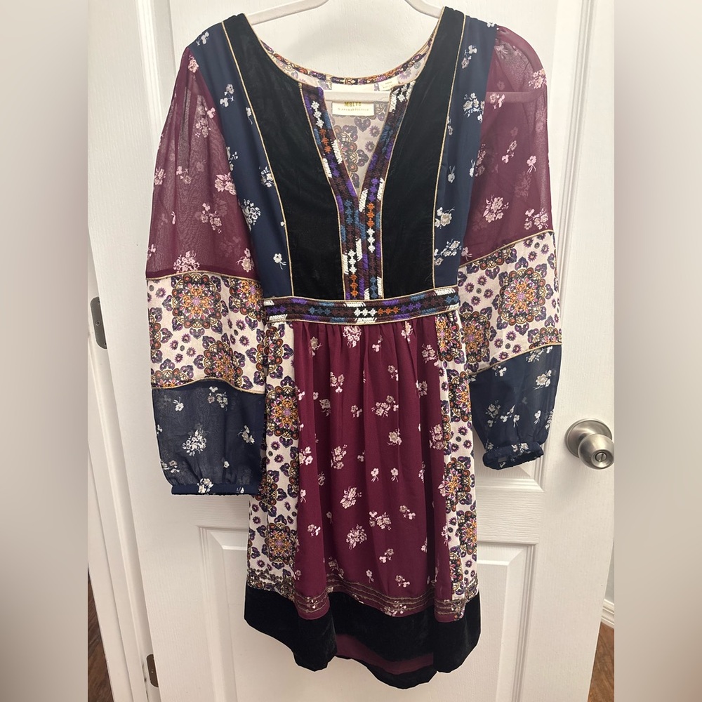 Anthropologie Maeve Quartier Latin Embroidered Patchwork Velvet Dress
